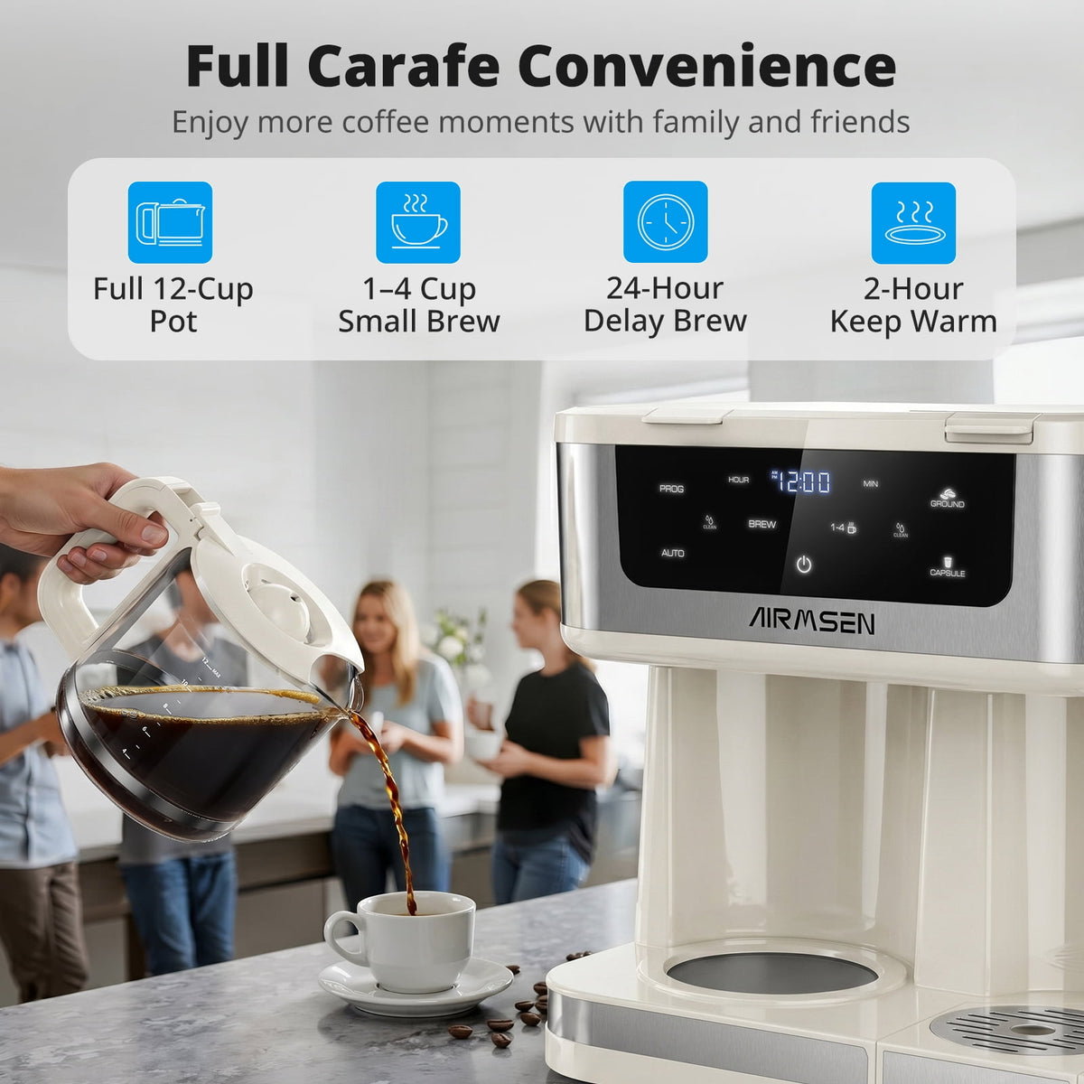 AIRMSEN 12-Cup Drip Coffee Maker with K Cup Combo, Programmable Coffee Machine with 1-4 Cup Setting, Single Serve or Coffee Pot, Auto Shut-off, Spill-Free Spout
