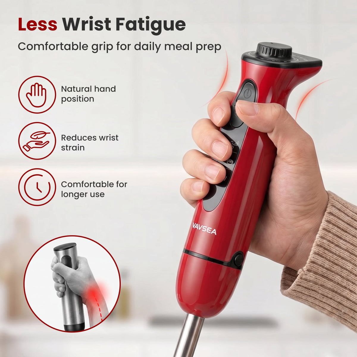 VAVSEA Immersion Blender, 1100W 5-in-1 Hand Blender, 24-Speed Stick Blender for Small Kitchen, Splash-Resistant Handheld Blender Mixer with Turbo Mode for Smoothies, Baby Food, Black