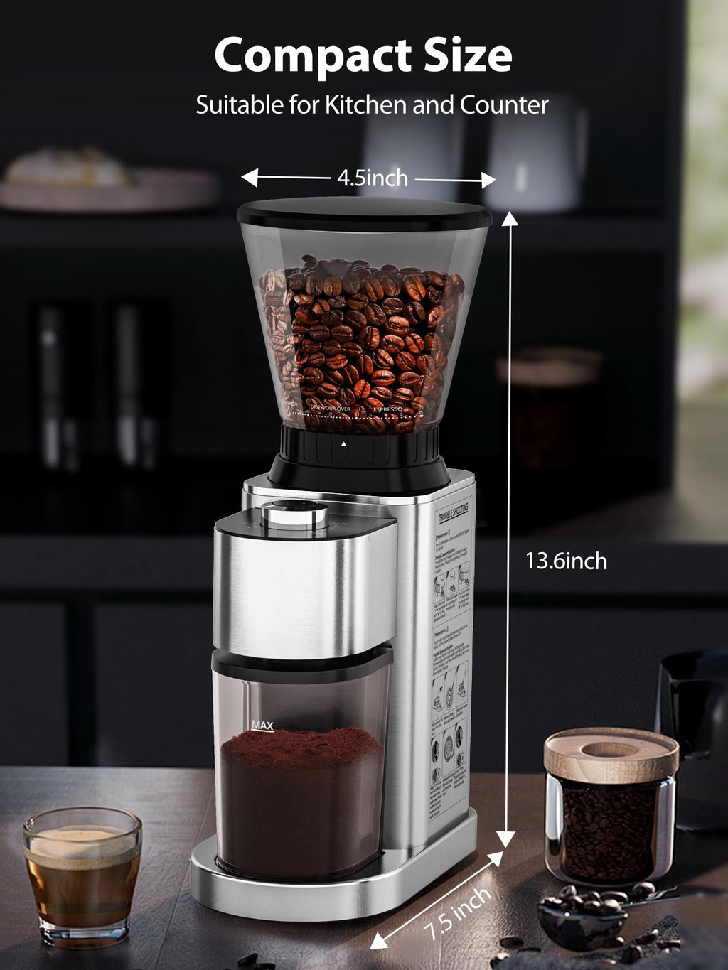 Aeitto Burr Coffee Grinder, Coffee Grinder Electric, Stainless Steel Coffee Bean Grinder, 48 Grind Settings, Espresso/Pour Over/Cold Brew/French Press Coffee Maker, Silver