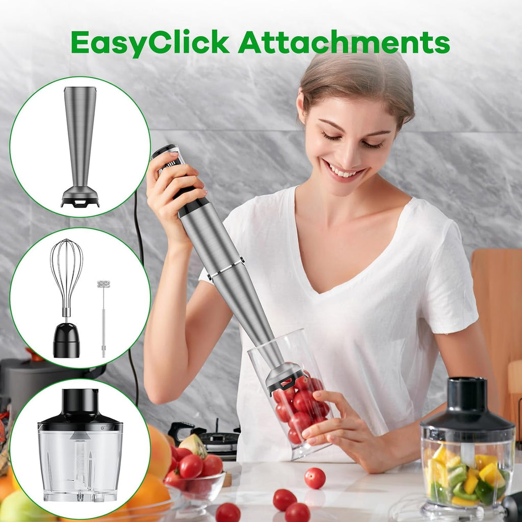 Bitrel Immersion Blender, 1100W 5-in-1 Multi-Speed Hand Blender with 21oz Beaker, Chopper, Whisk & Milk Frother, Ideal for Soup, Baby Food, Sauces, Smoothies & Purees