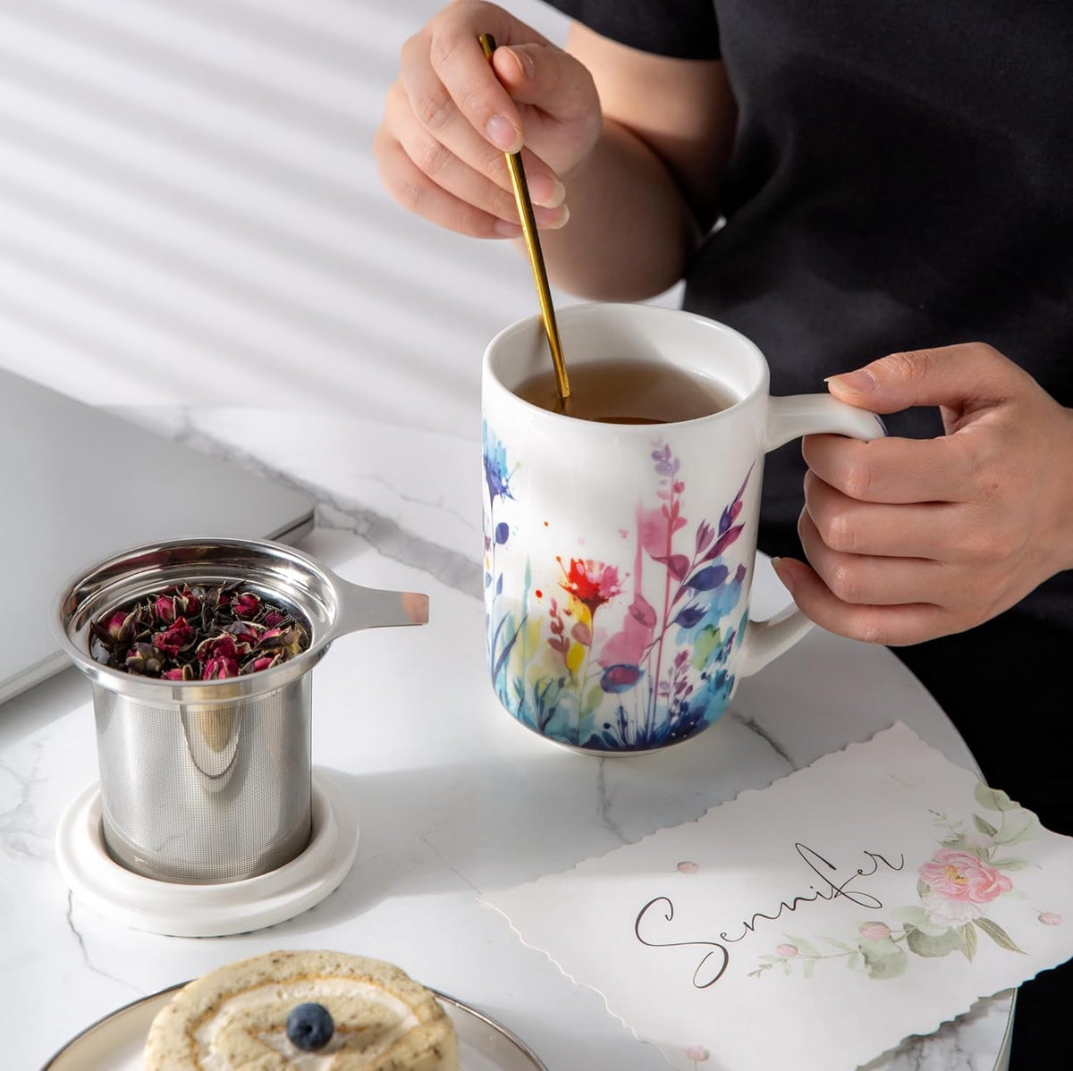 AmorArc Porcelain Tea Mug with Infuser and Lids, 18 Oz Cup Strainer Bag Holder for Loose Leaf Tea, Steeping Coffee Well-wrapped Box House-warming Wedding Birthday Gift, YelloRed