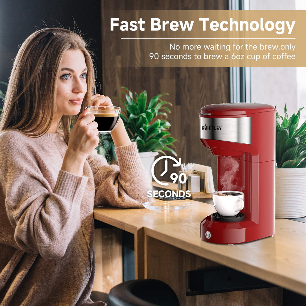 MINI Single Serve Coffee Maker,Instant Coffee Maker One Cup for K Cup & Ground Coffee,Portable Capsule Coffee Machine with 6 to 14oz Reservoir,90 Seconds Fast Brewing and One Button Operation