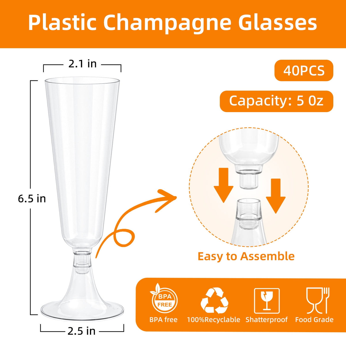 TINANA Plastic Champagne Flutes 40 Pack, 5 Oz Clear Disposable Champagne Glasses with Stem, Shatterproof BPA-Free Wine Glass Cups for Wedding, Party & New Year’s Eve