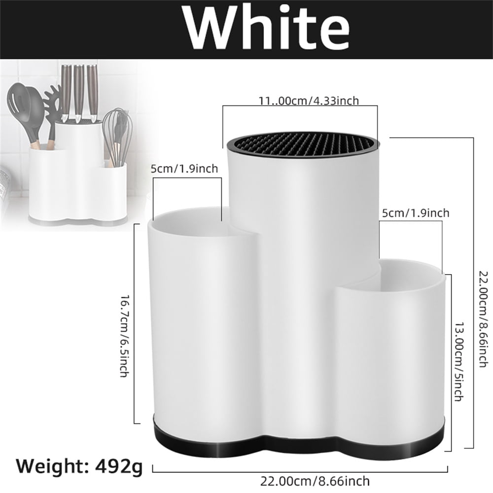 Knife Holder Kitchen 2-in-1 Universal Block without Knives Silverware Storage Stand with Drain Hole,for Countertop and Cabinet Drawer,White
