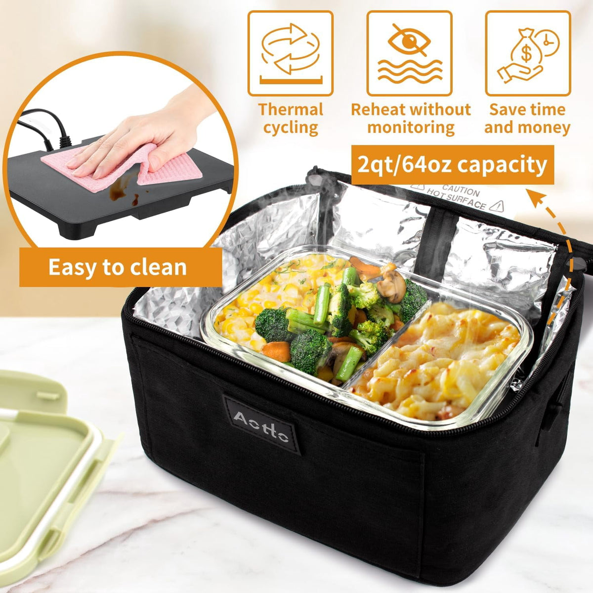 Aotto Portable Oven, 12V, 24V, 110V Portable Food Warmer, Mini Personal Microwave Heated Lunch Box for Work Reheating and Cooking Meals in Truck, Vehicle, Travel, Camping, Picnic, Black