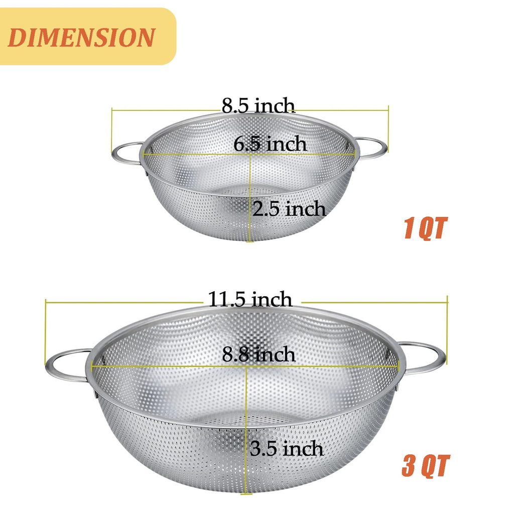 VeSteel Colander Set of 3, Stainless Steel Micro-Perforated Colanders Strainers for Draining Rinsing Washing, Ideal for Pasta Vegetables Fruits, Heavy Duty & Dishwasher Safe - 1/3/5 Quart