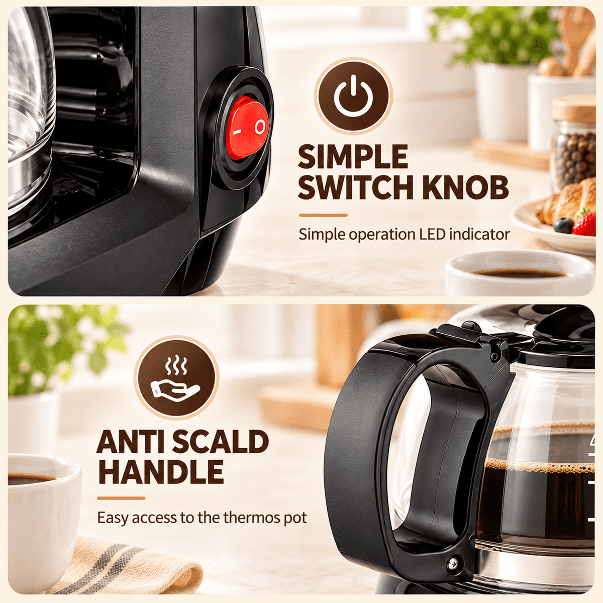 Coffee Maker, 6-Cup Drip Coffee Maker with Glass Carafe, Reusable Filter, Pause and Serve, Keep Warm, Black