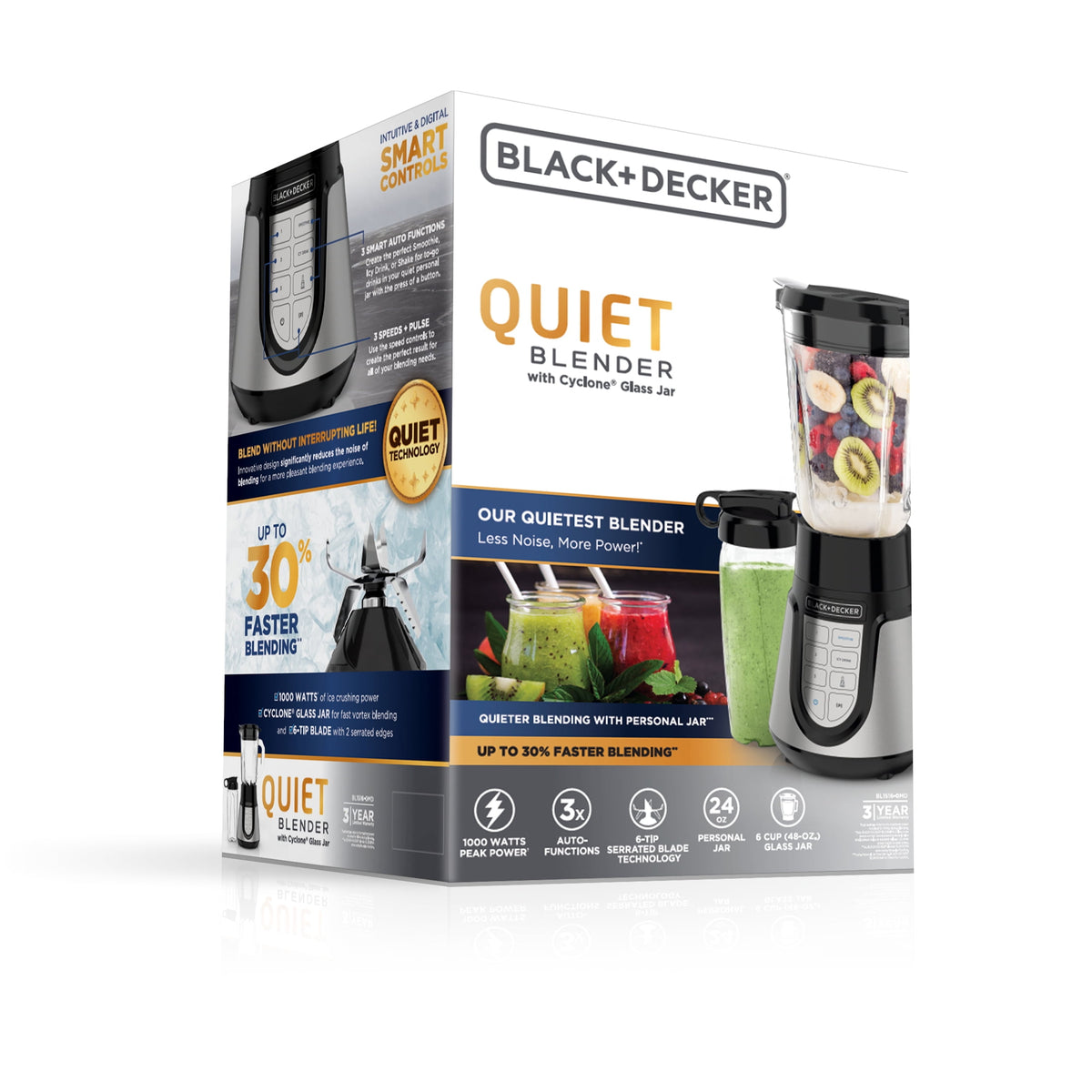 BLACK+DECKER Quiet Blender, 48 oz Glass Jar + 24 oz Personal Jar, 1000W, 3 Speeds
