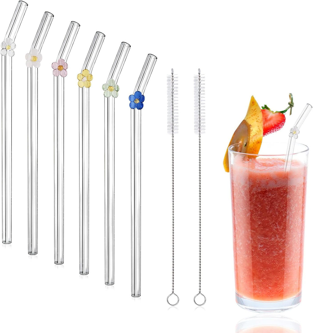 6 Pack Reusable Glass Straws Shatter Resistant, Cute Clear Glass Straw for Smoothie, Cocktail, Juice