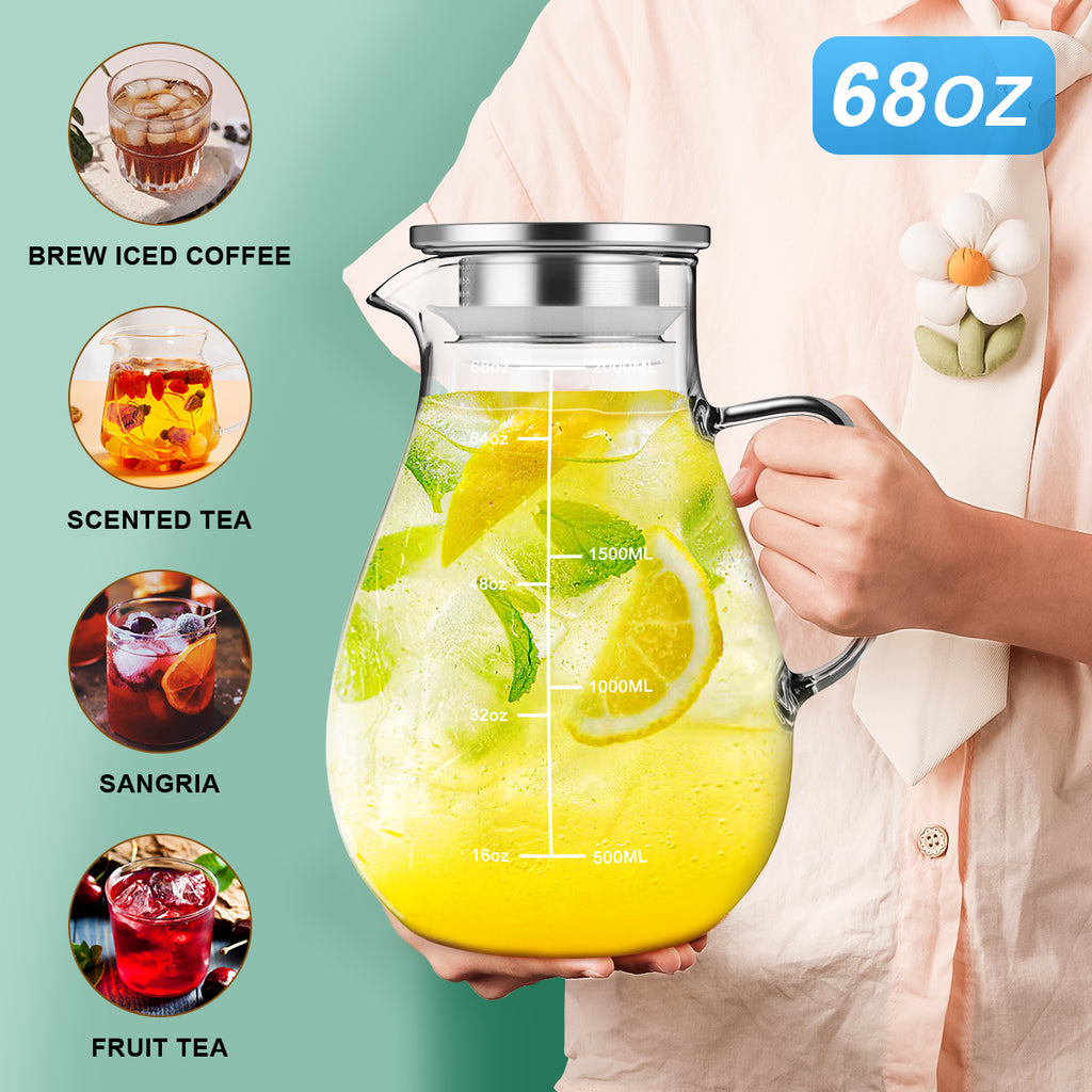 68 oz Glass Pitcher with Lid and Spout, 2 L Heat & Cold Resistant Glass Water Carafe with Precise Scale Line for Hot/Cold Water, Easy to Clean Large Drink Pitcher for Cold and Hot Beverage