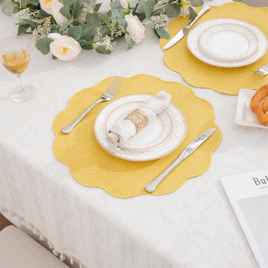 Ileading Scalloped Round Placemats Set of 6 Polyester Linen Blend Washable Non Slip Place Mats Easy Clean Heat Resistant Table Mats for Kitchen Dining Table Decor
