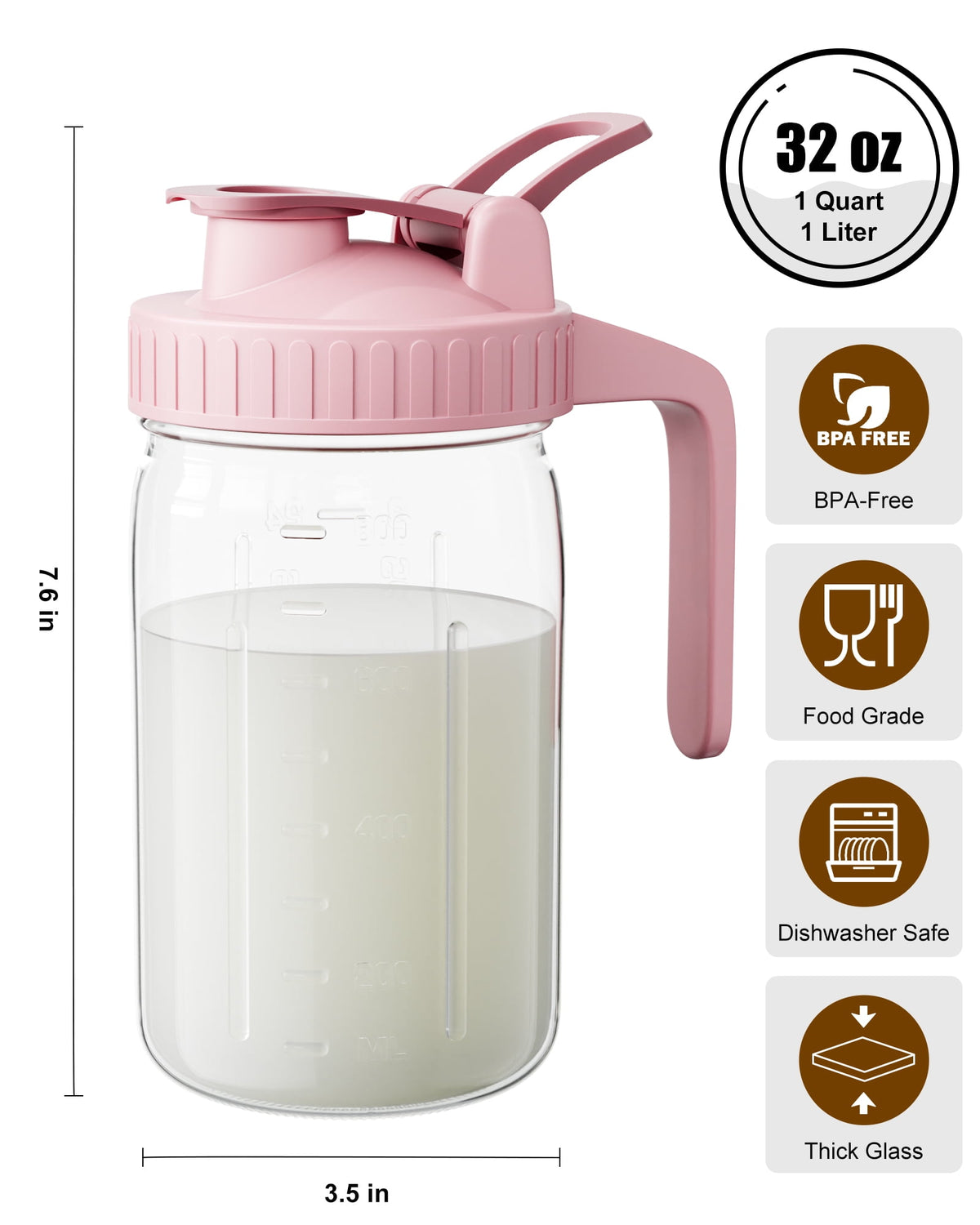 Breast Milk Pitcher 32oz Mason Jar with Wide Mouth and Handle-Pink Glass Pitcher with Flip Cap Lid and Pour Spout Airtight Seal for Cold Beverages