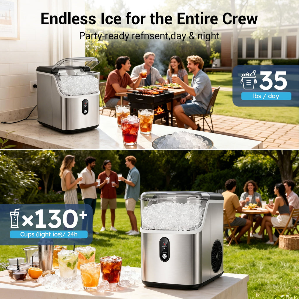Snowyermine Nugget Ice Maker Countertop, 35 lbs per Day, Soft, Chewable Sonic-Style Pebble Ice, One-Touch Self-Cleaning, Stainless Steel, Black, for Home, Kitchen, Office, RV and Camping