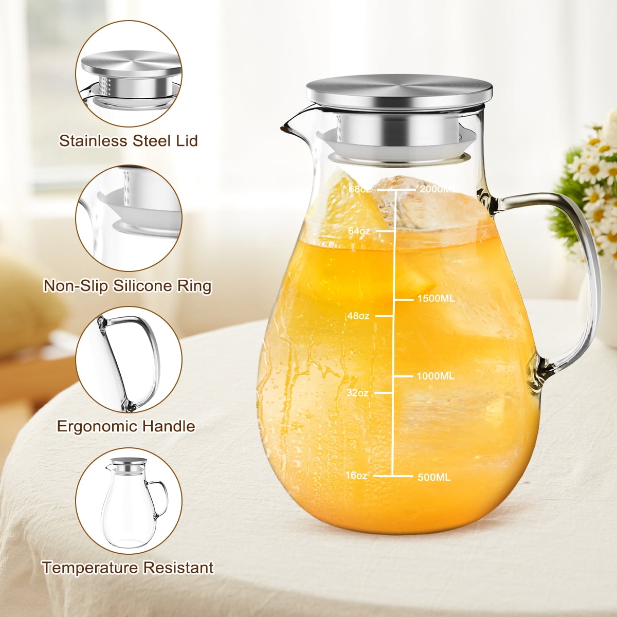 68 oz Glass Pitcher with Lid and Spout, 2 L Heat & Cold Resistant Glass Water Carafe with Precise Scale Line for Hot/Cold Water, Easy to Clean Large Drink Pitcher for Cold and Hot Beverage