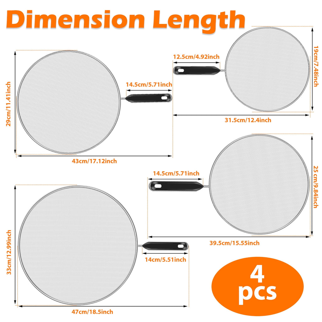 3 Piece Stainless Steel Fine Mesh Splatter Screen Set, 13", 11.4", 9.8" Splatter Screen for Frying Pan, Grease Splatter Guard with Heat-Resistant Handles