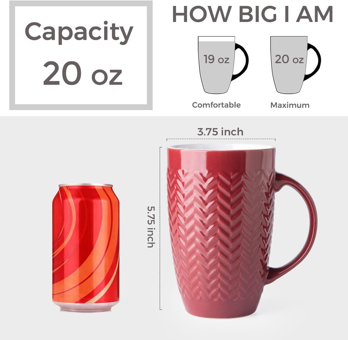 AmorArc Extra Large Coffee Mugs Set of 6, 20oz Ceramic Tall Coffee Mugs Set with Textured Geometric Patterns for Coffee/Tea/Beer/Hot Cocoa, Dishwasher & Microwave Safe,Beige