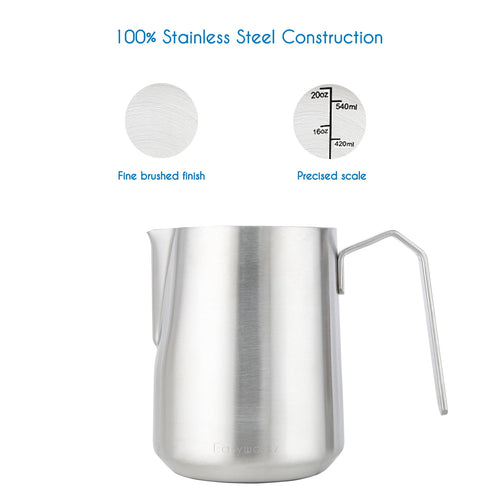 Easyworkz Espresso Milk Frothing Pitcher Heavy-Gauge Stainless Steel 20 oz Cappuccino Latte Art Cup, Brushed Silver