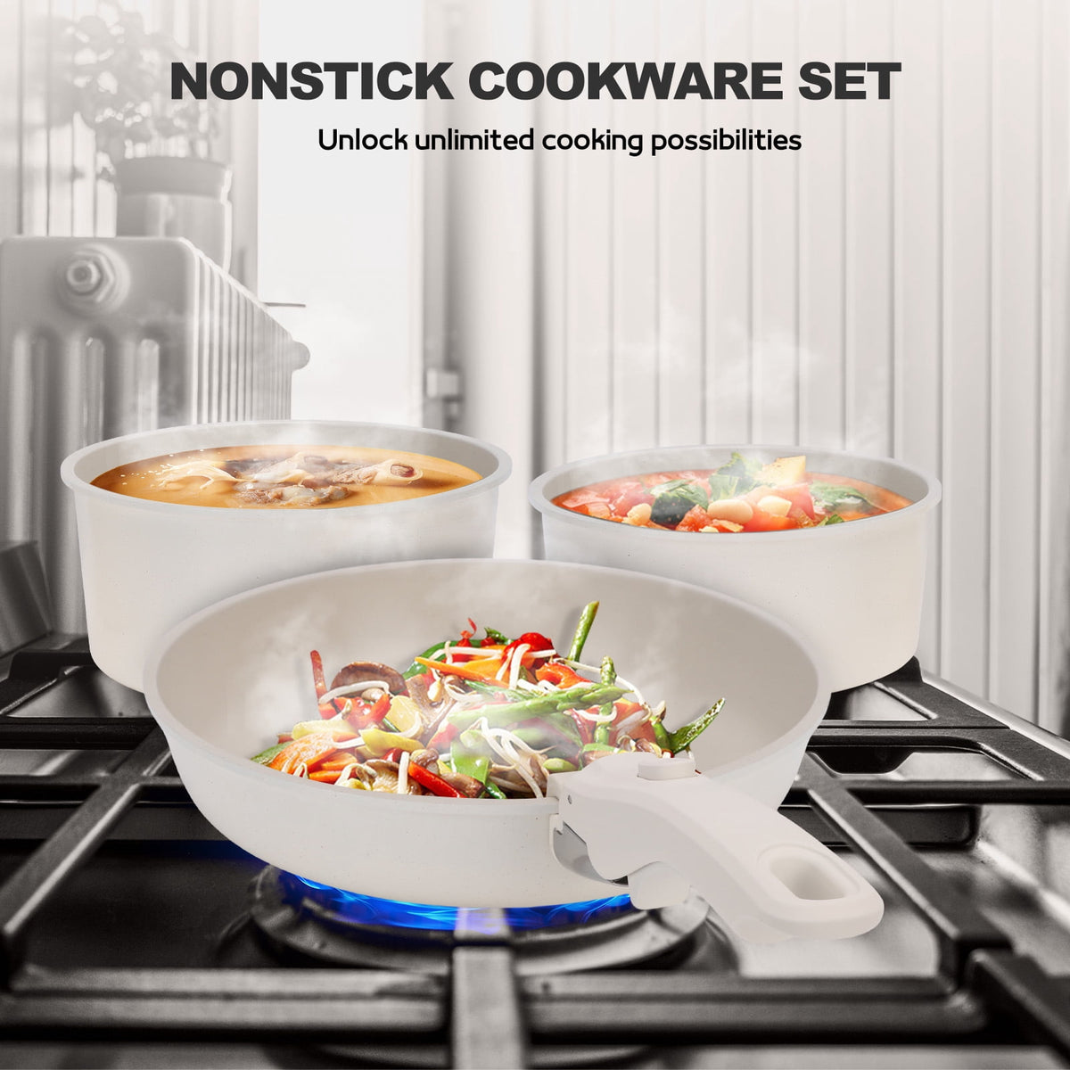 17 Piece Ceramic Pots and Pans Set Non Stick, Cookware Set with Detachable Handle, Oven Safe, Induction Ready, Stackable RV Kitchen Cooking Set Removable Handles, Cream White