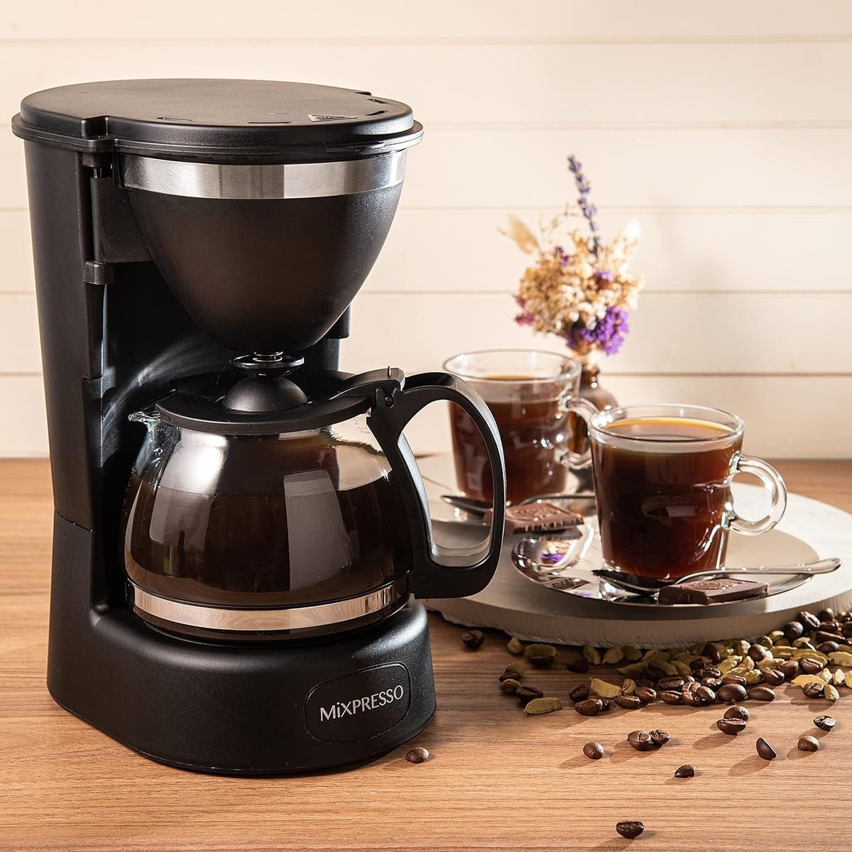 Mixpresso 12 Cup Coffee Pot, Auto-Off & Reusable Filter, Large Drip Coffee Maker 12 Cup Borosilicate Glass Carafe, Anti-Drip Coffee Machine Water Level Window, Black Electric Coffee Maker