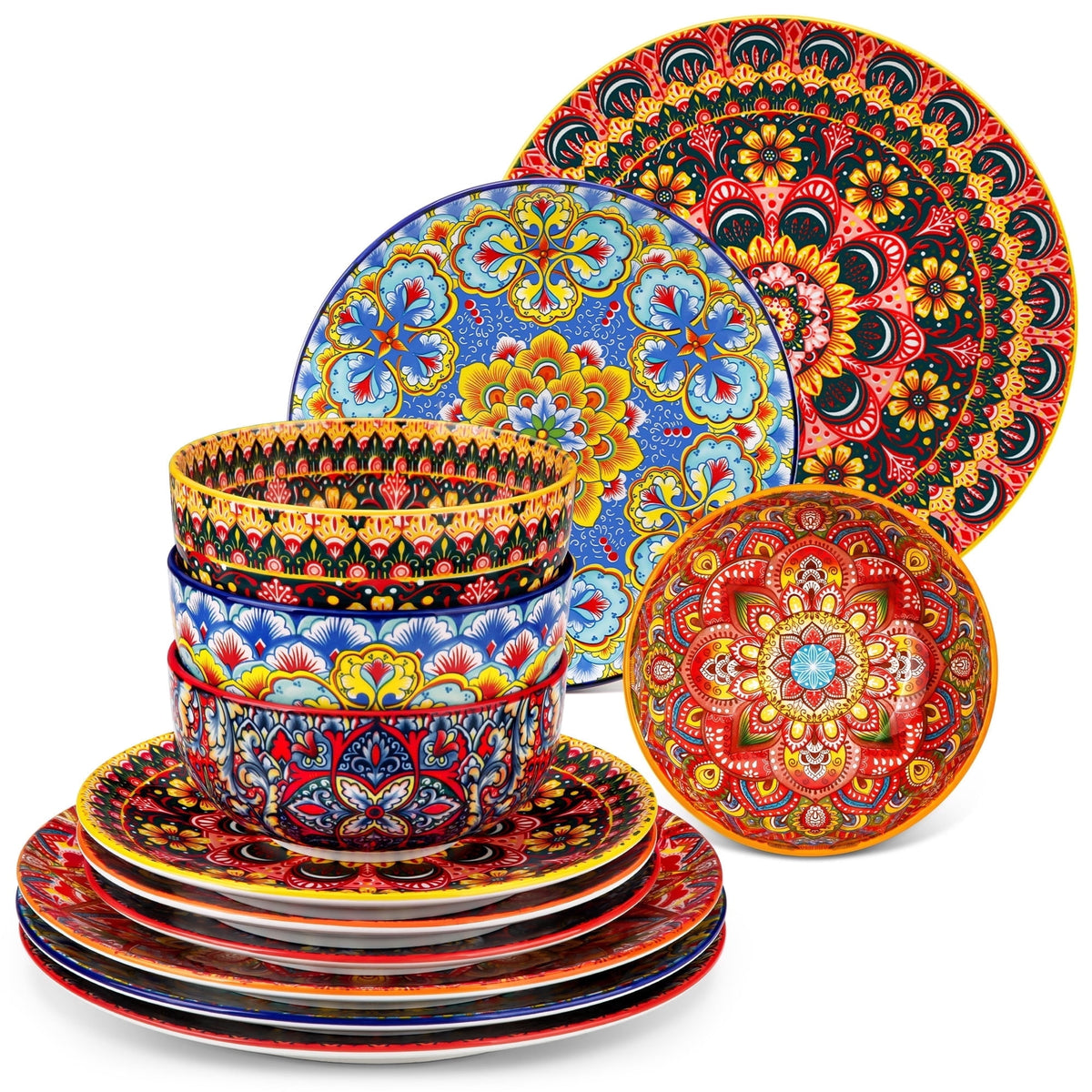 Vancasso Dinnerware Set, Porcelain Plates and Bowls Set for 4, 12 Pieces Ceramic Boho Dish Set for Kitchen, Dishwasher and Microwave Safe, Series LUMI