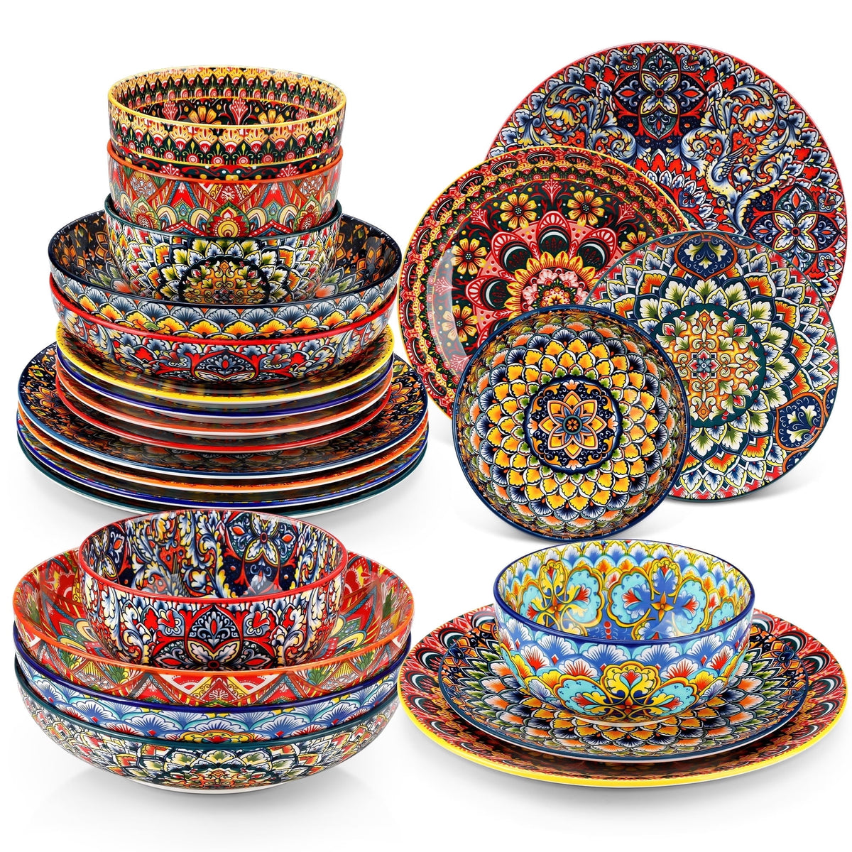 Vancasso Dinnerware Set, Porcelain Plates and Bowls Set for 4, 12 Pieces Ceramic Boho Dish Set for Kitchen, Dishwasher and Microwave Safe, Series LUMI