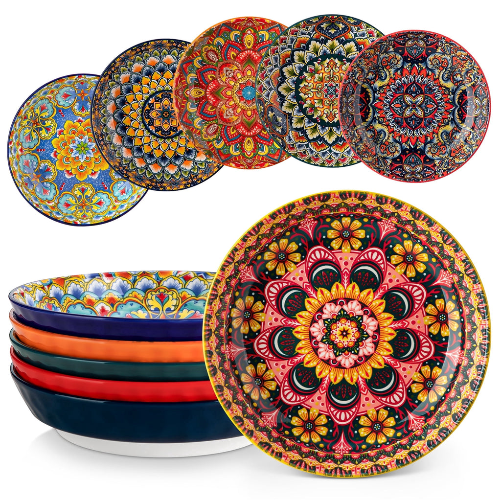 Vancasso Pasta Bowls, Ceramic 32 oz Dinner Bowls Set of 6, Bohemian Salad Bowls, Large Serving Bowls for Soup and Cereal, Microwave and Dishwasher Safe, Series LUMI